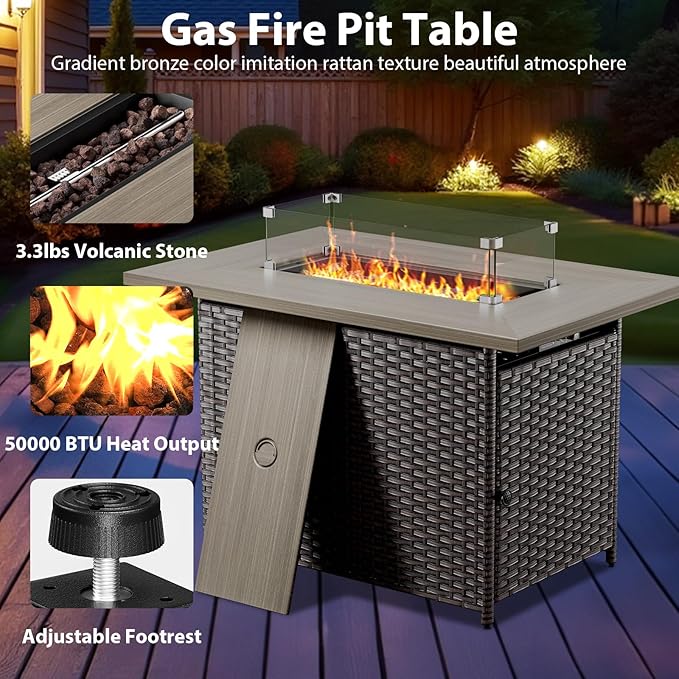 4 Piece Wicker Patio Furniture with Fire Pit Table - Outdoor Conversation Set with 50,000 BTU Fire Pit, All Weather Rattan Patio Set for Deck Backyard Garden - Brown Wicker Grey Cushion