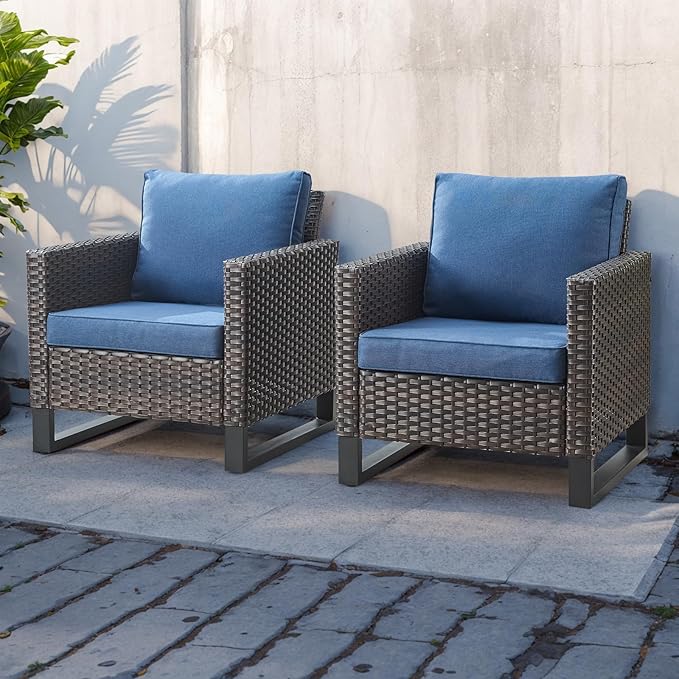HUMMUH Patio Chairs Set of 2 PE Wicker Outdoor Dining Chairs High Back Deep Seating Porch Chairs with 4inch Seat Cushions