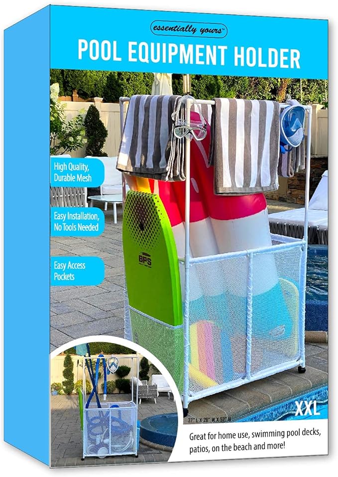 Essentially Yours Pool Equipment Holder with Towel Drying Bars, Mesh Rolling Pool Storage Organizer Bin, Extra Large with Towel Hanger, (34.5" W x 25" L x 62.6" H), White Style 418566