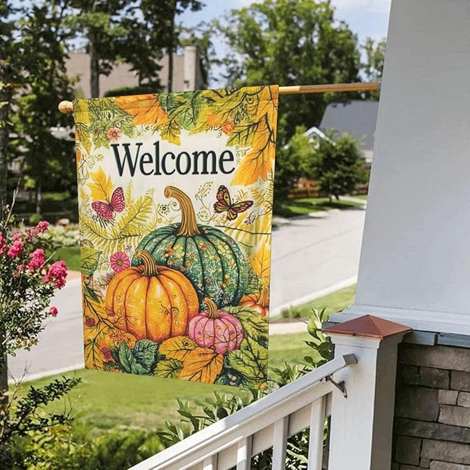 Welcome Fall Pumpkin Garden Flag Vertical Double Sided Outdoor Yard Flags 12.5x18 Inch Burlap Banners for House Lawn