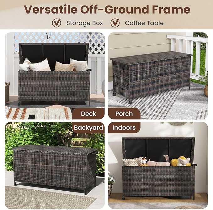 RELAX4LIFE 85-Gallon Deck Box with Wheels - Wicker Rattan Storage Bin Container w/Waterproof Liner & Gas Strut for Patio Cushions, Garden Tools, Pool Supplies, Indoor Outdoor Storage Box (Brown)