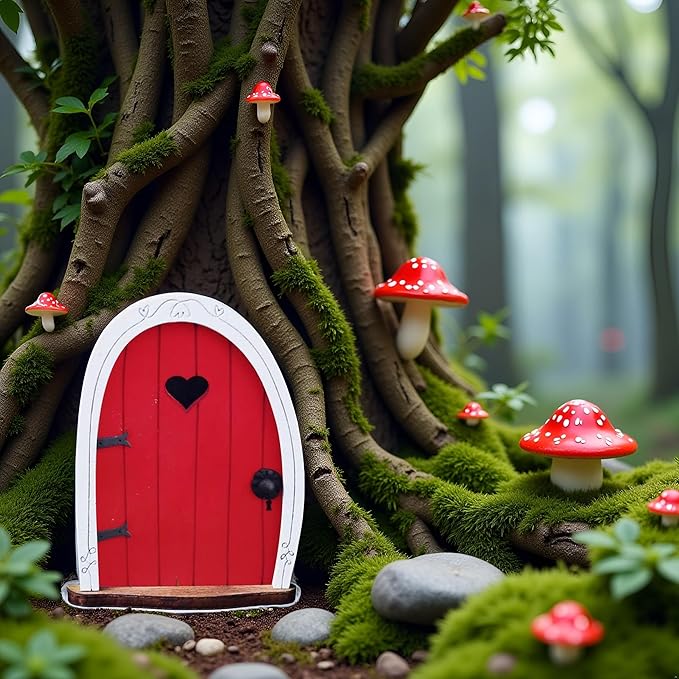Red Streak Mini Fairy Garden Door for Tree, 3D Miniature Fairy Door for Fairytale Tiny House Doors, Bonsai Terrarium Micro Landscape Decoration Accessories Garden Miniatures