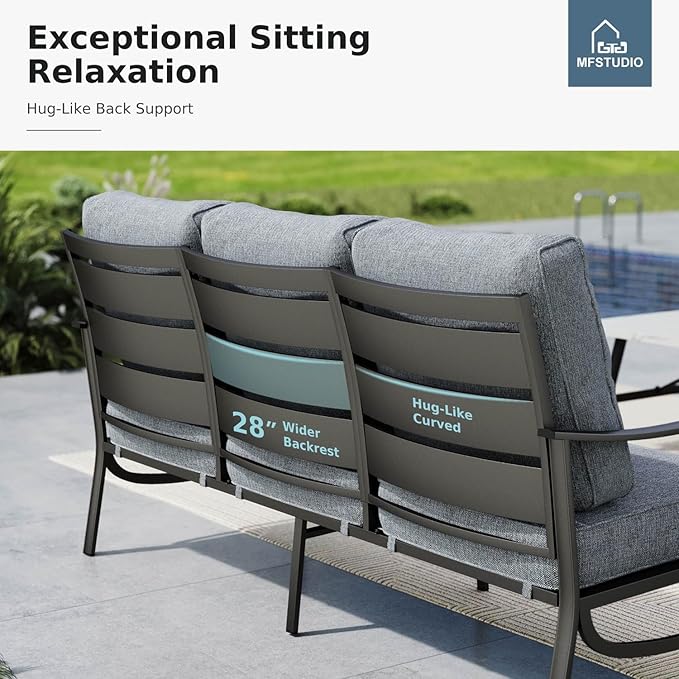 MFSTUDIO 5 Pieces Patio Conversation Sets,Outdoor Metal Furniture Sofas with 1 x 3-Seat Sofa, 2 x Swivel Chairs,2 x Ottoman,Wrought Iron Frame with Grey Cushion for Patio Courtyard Balcony