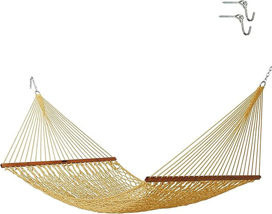 Original Pawleys Island Deluxe Tan DuraCord Rope Hammock – 13 ft. x 60 in., 2-Person, 450 lb Capacity, Oak Spreader Bar, Zinc-Plated Hardware, Handcrafted in The USA