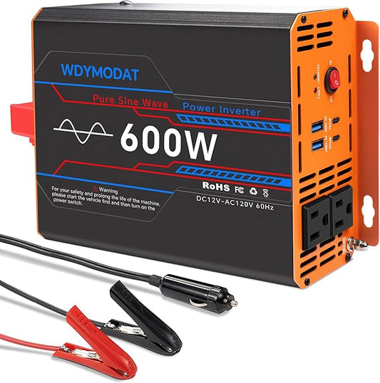 600W Pure Sine Wave Inverter, Car Power Inverter 12V to 110V, DC to AC Converter Generator with AC Outlets 3.0A USB Type-C, Remote Controller Truck Inversor for Vehicles, Car, RV, Camping