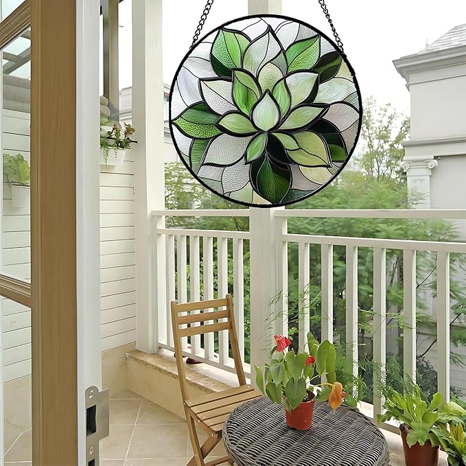 Stained Glass Window Hanging - Green Succulent Plants Suncatcher for Doors Garden Patio Floral Sun Catchers Decor Christmas Mother's Day Birthday Gifts for Women Men Mom Nana Friend 9.8 in