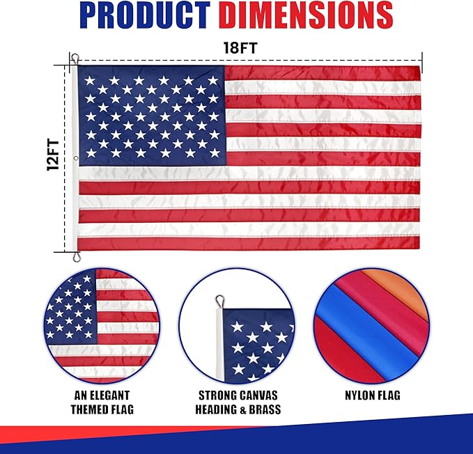 Super Tough 12ft x 18ft Nylon American Flag | Embroidered Stars and Sewn Stripes | Brass Grommets | Heavy-Duty Outdoor Flag | Fade Resistant American Flag Made in USA | All Weather Nylon