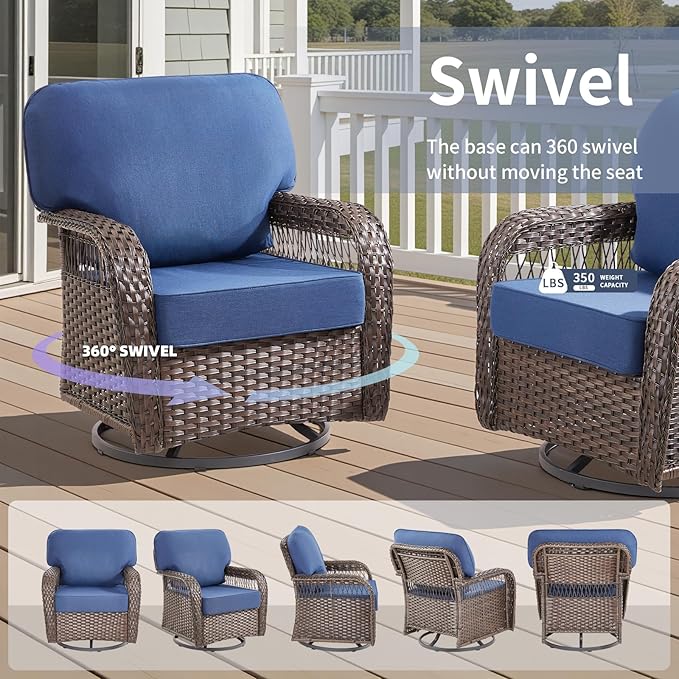 7 Pieces Patio Furniture Set Outdoor Sectional Sofa Couch with 4 Rocking Swivel Chairs 5" Deep Seat Chairs, Modern Wicker Rattan Conversation Set, Blue/Brown Wicker
