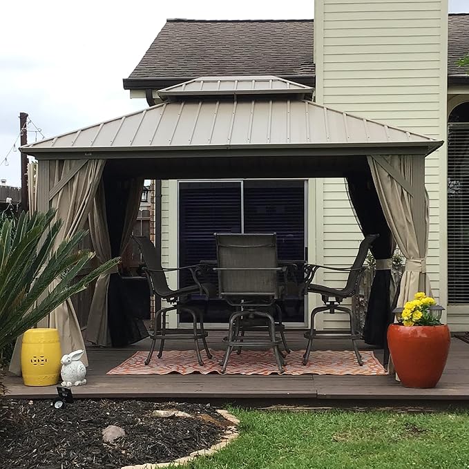PURPLE LEAF 10' x 12' Outdoor Hardtop Gazebo, Champagne Aluminum Gazebo with Galvanized Steel Double Roof, Curtains and Netting for Patio Lawn and Garden