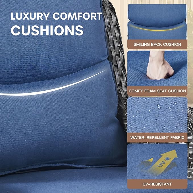 Patio Conversation Set with Smile-Shaped Cushions, Luxury Outdoor Swivel Chairs with Side Table and Ottomans, 5PCS PE Rattan Swivel Glider Chairs Set, Grey Wicker|Blue Cushions