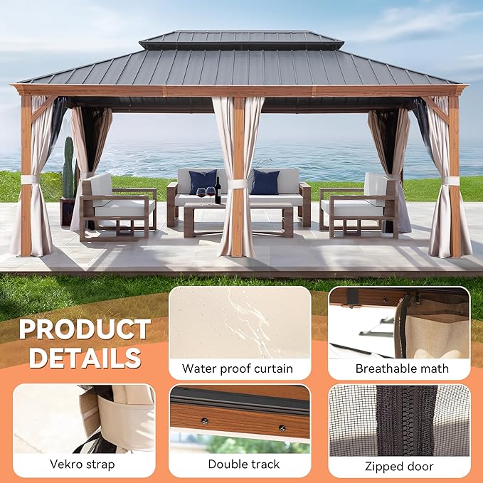 12' X 18' Double-Tier Hardtop Gazebo, Thermal Transfer Faux Wood Metal Gazebo with Galvanized Steel Roof Curtain and Netting, Permanent Gazebo Pavilion for Patio, Backyard, Deck, Lawn