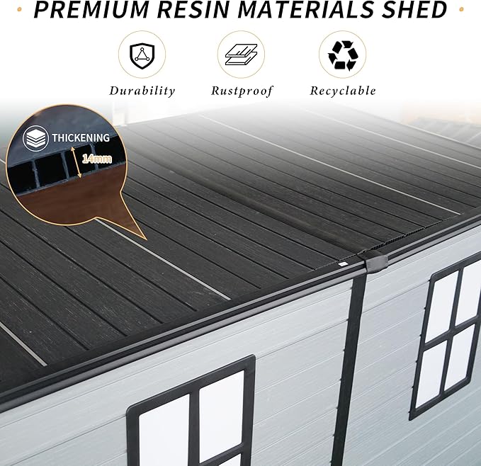 LANTRO JS 4x8FT Plastic Storage Shed with Floor, Outdoor Storage Shed with Floor Included, with 2 Windows and Lockable Door, Backyard Storage Sheds for Garden Tools, Bike, Gray and Black