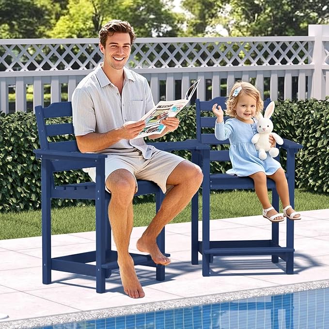OTSUN Tall Adirondack Chairs Set of 2 with Connecting Tray, 24 inches HDPE Bar Height Outdoor Chairs, All Weather Resistant for Balcony, Porch, Kitchen (2 PC, Navy Blue)