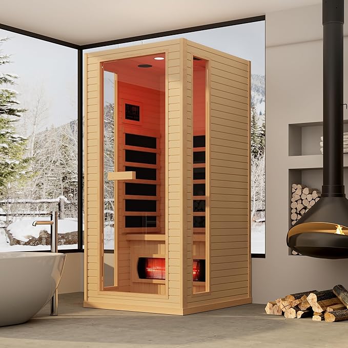 1 Person Infrared Sauna, Full Spectrum Roomy Saunas for Home, Indoor Dry Sauna with Bluetooth and 7 Color Therapy Lights, 110V