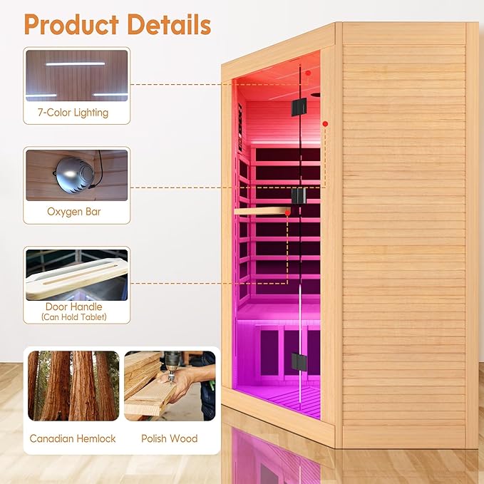 Sauna, Infrared Sauna 2 Person, 2 Person Sauna 9 Heating Plate 2180w Low EMF Room, Dry Sauna for Home, Wooden Sauna with 7-Color Therapeutic Lights and Bluetooth Speakers Room