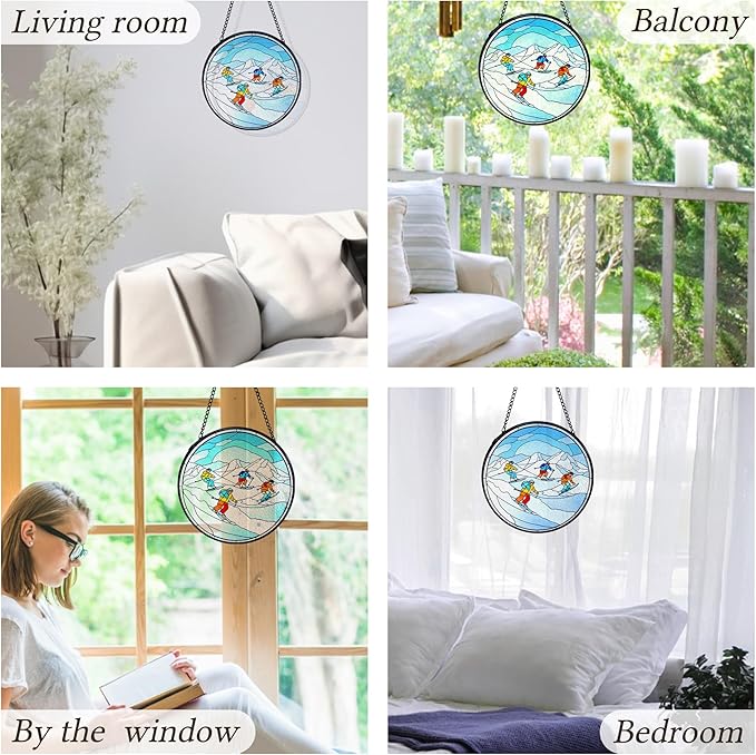 kdqua Winter Ski Suncatcher Stained Glass Window Hanging, Ski Lovers Gifts for Women Sun Catchers Indoor Window Glass Round Wall Decor, Winter Skiing Wall Art Hanging Decorations Statues, 7.9x7.9in