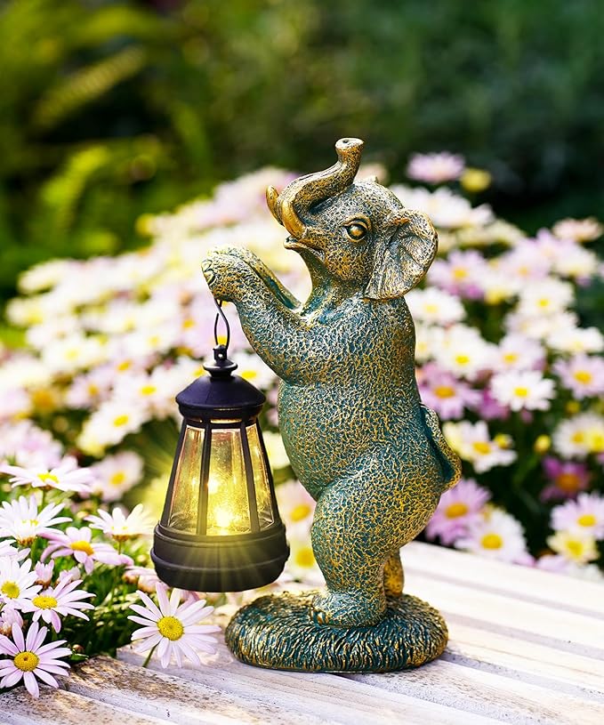 Solar Elephant Garden Statues for Outdoor: Outside Sculpture Lantern Decor for Yard Lawn Porch Patio Balcony Decorations Gifts for Grandma Mom Women