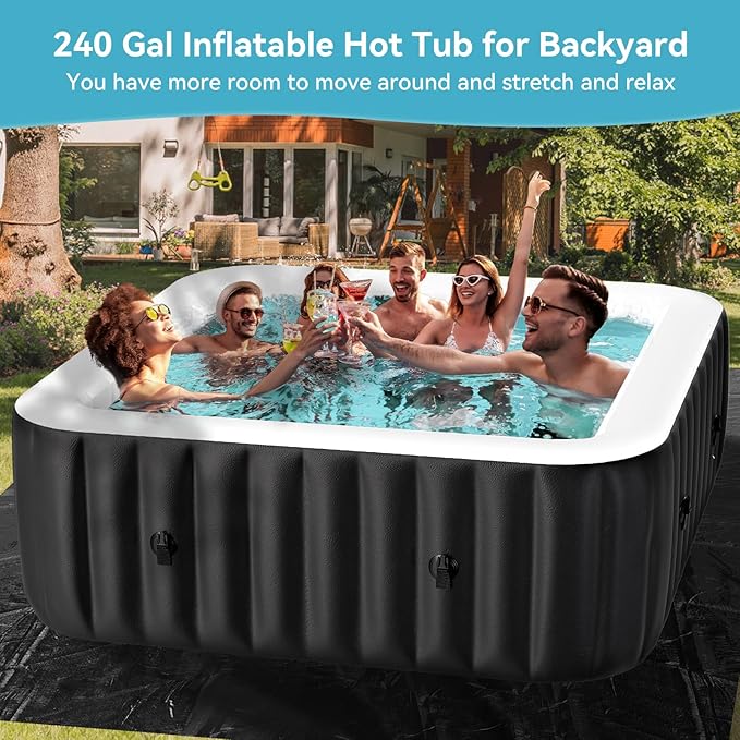 4-6 Person Inflatable Hot Tub, Large Square Blow Up Portable Hot Tub, Leak-Proof PVC Outdoor Spa with 130 Air Jets, Insulated Cover and Heater Pump, 73” X 73”X 25”
