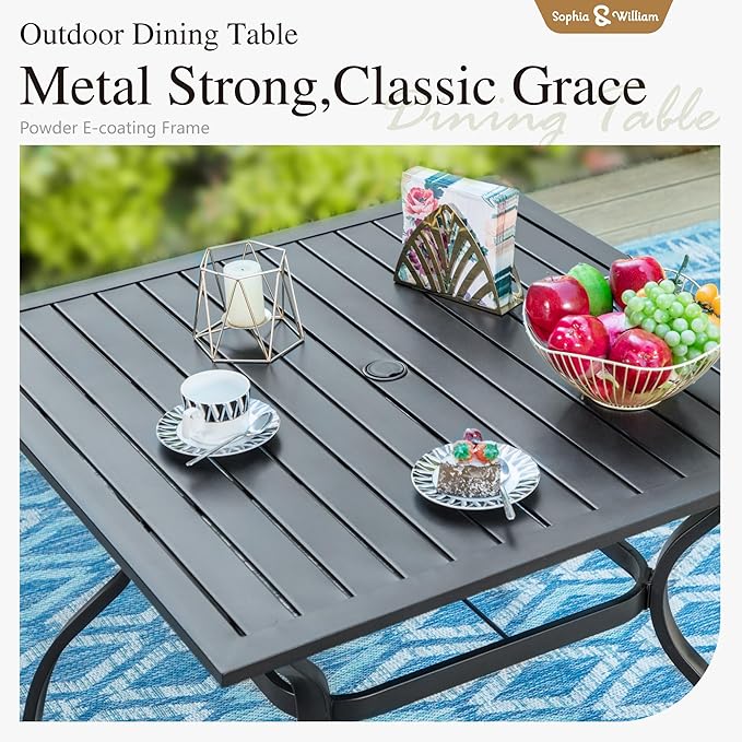 Sophia & William Metal Outdoor Patio Dining Set 6 PCS with 10ft 3 Tier Auto-tilt Umbrella(Navy Blue), 4 x Metal Outdoor Chairs, 1 x Square 37"x 37" Dining Table and 1 Patio Umbrella