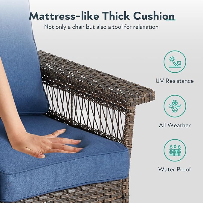 Outdoor Swivel Glider Chairs Set of 2 - Hollow Widen Armrests Wicker Patio Furniture Set, Comfortable High Back Outside Swivel Rocker for Balcony Porch Deck and Yard - Brown/Blue
