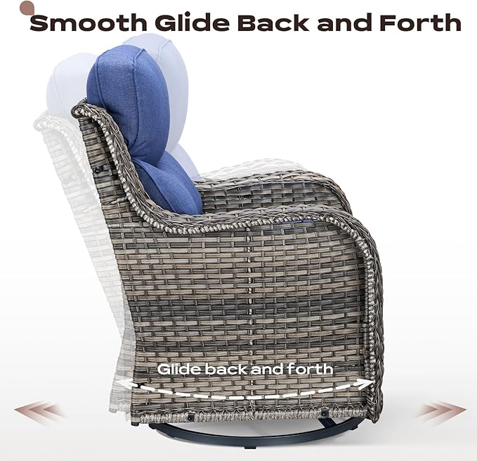 Rilyson Outdoor Patio Swivel Rocker Chairs Set of 2, Waterproof Wicker, High Back, Deep Seating, Wide Armrest, Upgraded 6 inch Thick Cushions, Ideal for Deck Porch Backyard, Mixed Grey/Blue
