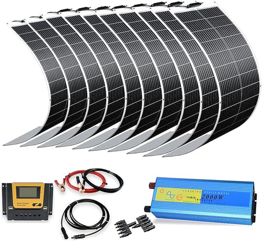 XINPUGUANG 100w Flexible Solar Panels 24V 1000W Solar System Kit Monocrystalline Cell Module 45A Controller 2000W Inverter for Off Grid Battery Charger for Cabin RV Boat Trailer
