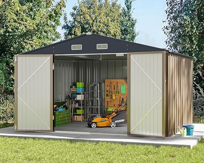 Greesum 10x8FT Outdoor Storage Shed, Utility Tool Shed Metal Storage Garden Shed with Door & Lock for Patio Storage, Brown