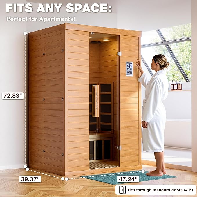 2- Person Infrared Sauna, Remotely Controllable Indoor Sauna, Low EMF 1500W/120V LCD Heater, WiFi & BT Control, 9-Color Light Therapy, Safe Flame-Retardant Material, Wood
