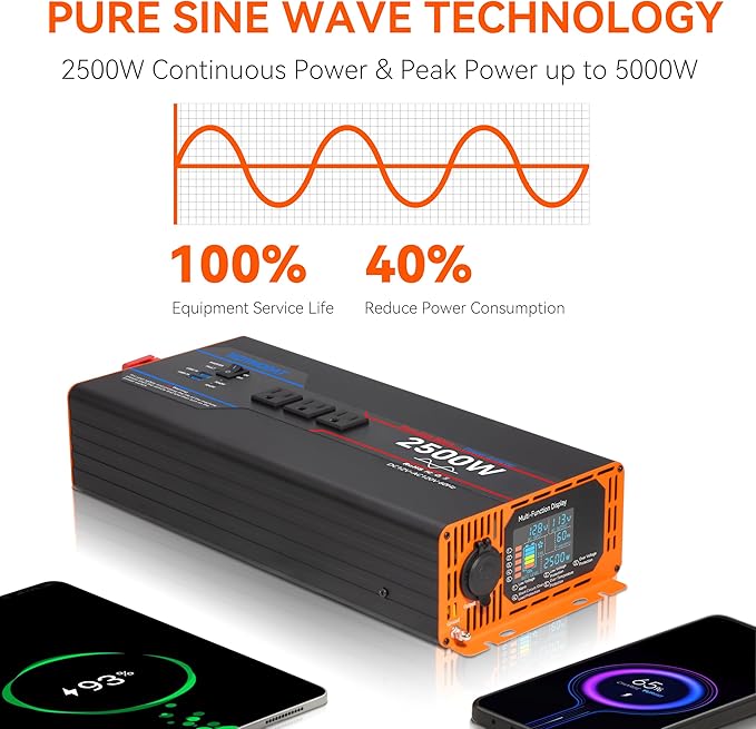 2500W Pure Sine Wave Inverter, Car Power Inverter 12V to 110V 120V, DC to AC Converter Generator with AC Outlets 3.0A USB Type-C, Remote Controller LCD Display Truck Inversor for Vehicles, RV