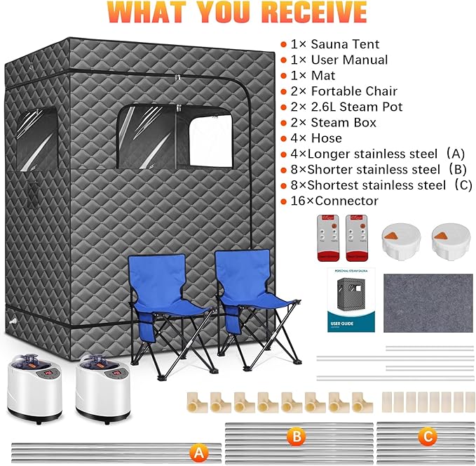 Upgraded 2 Person Portable Sauna, Portable Steam Sauna for Home, Personal Sauna Box Full Body with 1000W 2.6L Steam Generator, 99 Minute Timer, 2 Folding Chairs, Remote Control Included(Grey)