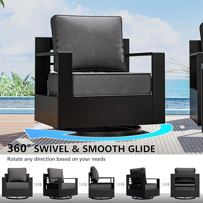 Aluminum Outdoor Swivel Rocker Patio Chairs Set of 2, All-Weather Metal Outdoor Chair with 6 Inch Thick Cushions, Deep Setting for Garden, Outside and Porch
