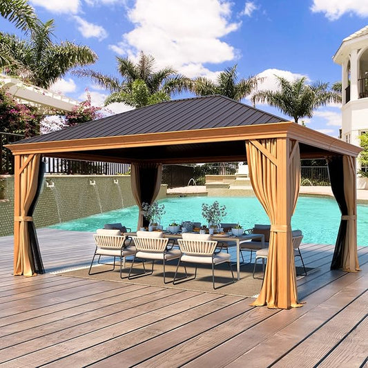YOLENY 12' x 16' Hardtop Gazebo, Wood Looking Gazebo with Aluminum Frame and Single Galvanized Steel Roof, Outdoor Permanent Metal Pavilion with Curtains and Nettings for Deck, Backyard and Patio