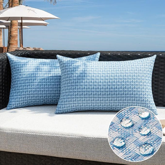 Kevin Textile Outdoor Waterproof Throw Pillow Covers Pack of 2 Farmhouse Decorative Cushion Covers for Garden Patio Tent Balcony Bench Couch Sofa 12x20 Inch, Light Blue