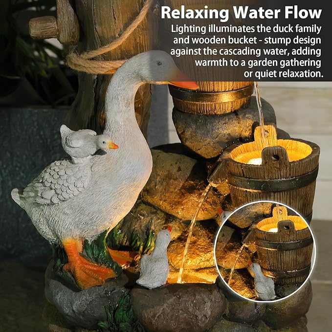 4-Tiers Cascading Outdoor Water Fountain, 31.9'' Tall Duck & Wooden Bucket Stump Waterfall Garden Fountains with LED Lights & Pump Water Feature Resin for Patio, Deck, Yard, Home Decor