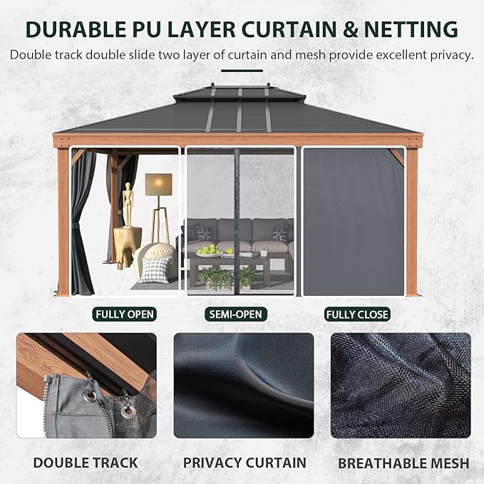 YOLENY 12'x16' Hardtop Gazebo, Galvanized Steel Double Roof with Wood-Looking Aluminum Frame, Outdoor Permanent Metal Pavilion with Curtains and Nettings for Patio, Backyard and Deck