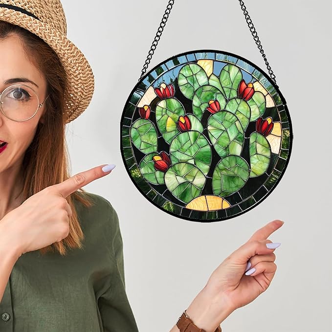 Stained Glass Window Hanging - Green Cactus Suncatcher for Doors Garden Patio Retro Plants Sun Catchers Decor Christmas Mother's Day Birthday Gifts for Women Men Mom Nana Friend 9.8 in