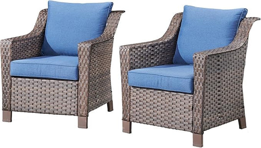 Outdoor Wicker Patio Chairs Set of 2 - Heavy Duty Outside Modern PE Rattan Lawn Chair for Front Porch Balcony Backyard Yard Deck Poolside Apartment – Brown/Blue