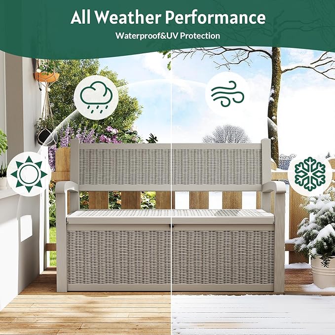 70 Gallon Storage Bench Deck Box,Patio Storage Benches with Armrest, Lockable Bench Outside, Waterproof for Pool Patio Garden (Grey)