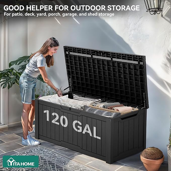 YITAHOME 120 Gallon Resin Deck Box, Weather Resistant Outdoor Storage Box for Patio Cushions, Garden Tools, Pool Supplies, Lockable, Easy With Tool Assembly, Extra Seat or Table (Black)