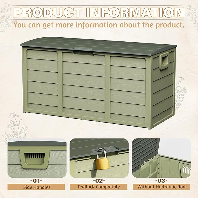75 Gallon Outdoor Deck Box - Heavy Duty Resin Storage with Lockable Lid, UV Resistant for Patio Furniture Cushions, Pillows (Green)