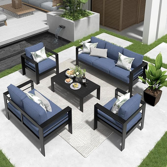 Solaste Aluminum Patio Furniture Set for All Weather, Modern Metal Outdoor Furniture Set with 27.5" Deep Seating and 3.2" Wide Armrest, Outdoor Patio Conversation Set with 5" Cushion, Black and Blue