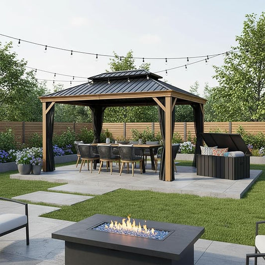 PURPLE LEAF 10' X 14' Outdoor Hardtop Gazebo with Storage Box for Patio Galvanized Steel Double Roof Permanent Canopy Teak Finish Coated Aluminum Frame Pavilion Gazebo with Netting