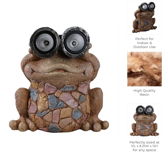 Solar Frog Garden Statue with LED Eyes – Resin & Polyresin Garden Sculpture, Ideal for Outdoor Lawn, Patio or Yard, Statue Home Decor Perfect for Outdoor Spaces – 12", Multi-Color Finish