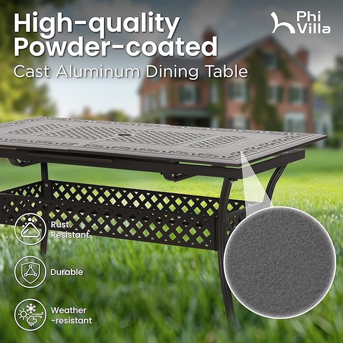 PHI VILLA 7 Pieces Outdoor Expandable Cast Aluminum Dining Set for 6, Extendable Metal Table with Umbrella Hole & Cushioned Wicker Chairs, Dining Furniture Set for Patio, Deck, Yard and Porch