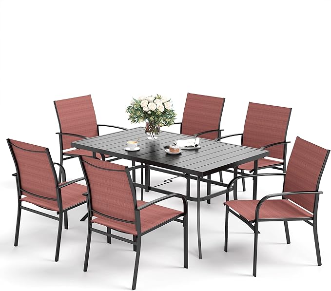 Patio Dining Set 7 PCS, Rectangular Steel Dining Table with 1.57" Hole, Red Stable Dining Chairs for 6,Patio Table and Chairs for Outdoor Lawn Garden,Deck.