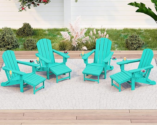 KINGYES Folding Adjustable Adirondack Chair with Retractable Ottoman Set of 4, Aruba