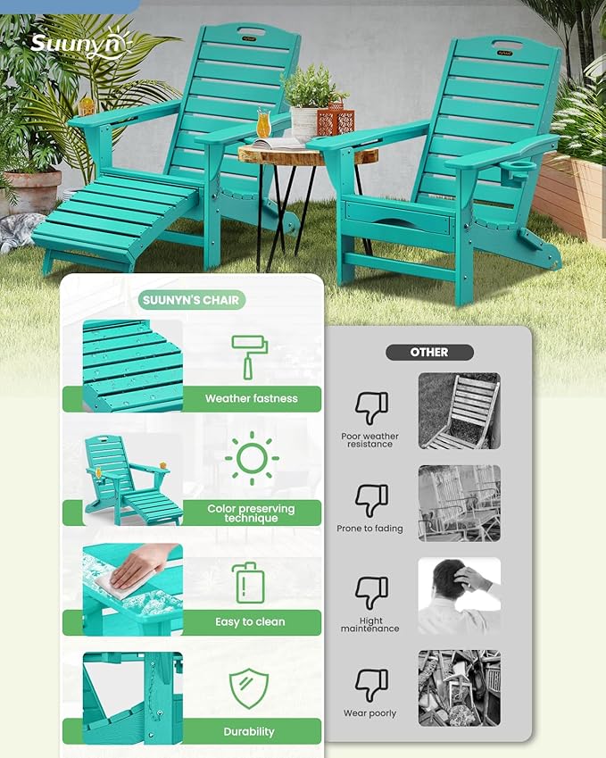 Folding Adirondack Chair with Retractable Ottoman Weather Resistant Fire Pit Chair Patio Chair with 2 Cup Holder Lawn Outdoor Lounge Chair (Lake Blue)