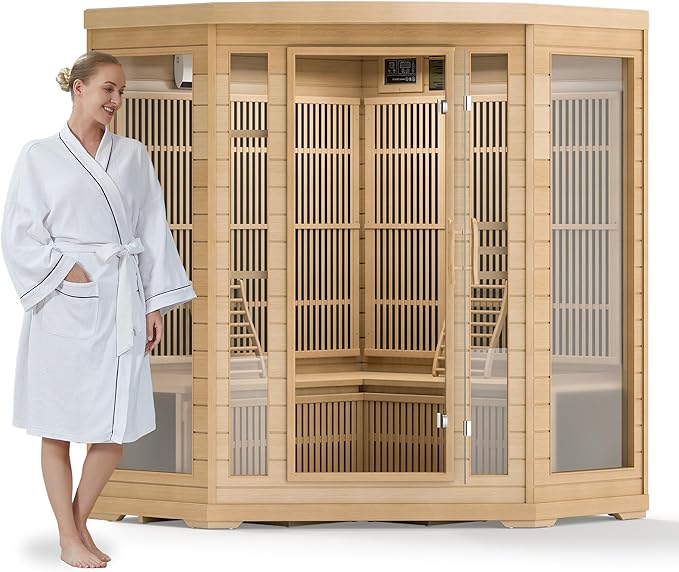 Infrared Sauna Room for Home, 4 Person Indoor Home Sauna Spa, Far Infrared Canadian Wooden Corner Saunas with 10 Low Emf Heaters, Bluetooth Speakers, 7 Color Chromotherapy Lights