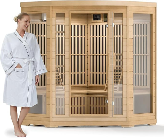 Infrared Sauna Room for Home, 4 Person Indoor Home Sauna Spa, Far Infrared Canadian Wooden Corner Saunas with 10 Low Emf Heaters, Bluetooth Speakers, 7 Color Chromotherapy Lights