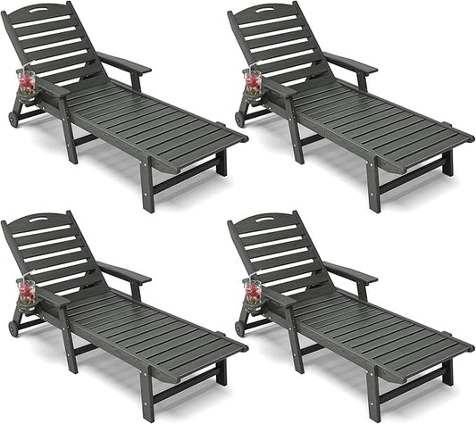 Patio Chaise Lounge Chair Set of 4, HDPE Outdoor Lounge Chairs with 5-Position Adjustable Backrest, Cup Holder and Wheels, 450lbs Capacity for Poolside Deck Backyard, All Weather Material(Gray)